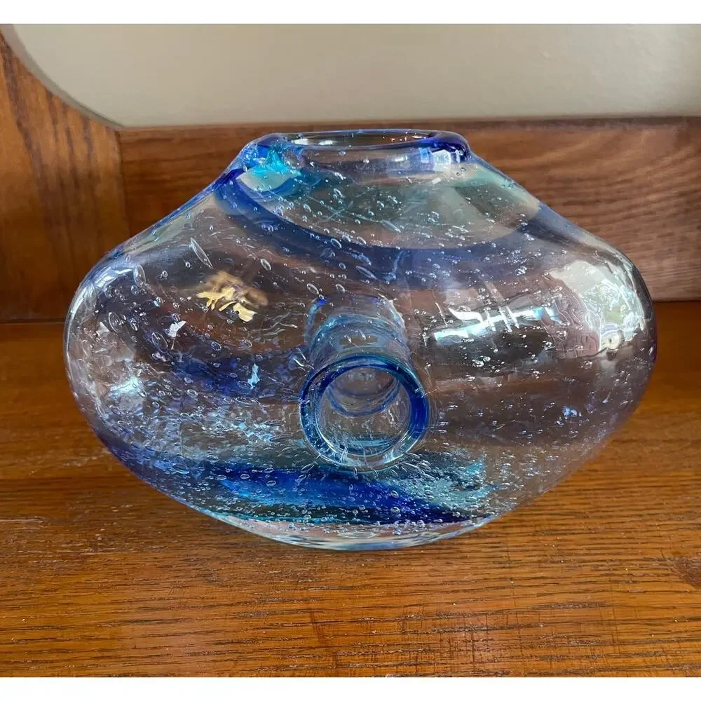 Italian Art Glass Vase with Donut Hole Blue Ribbon Swirls Hand Blown 7